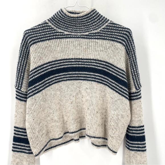 By Anthropologie Ribbed Linen Wool Blend Warm Classic Turtleneck Striped Sweater - Picture 6 of 10